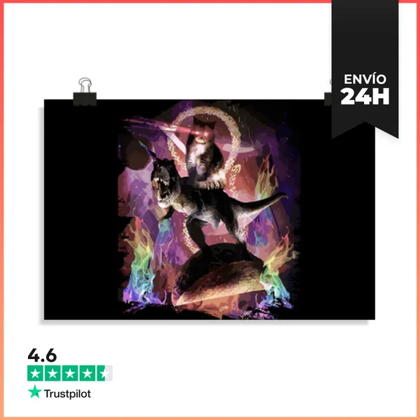 Póster Horizontal Gato Láser Espacial Malvado Sobre Dinosaurio