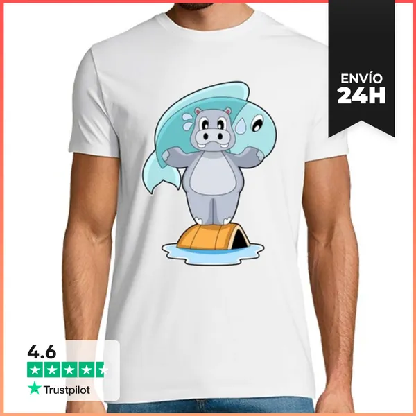 Camiseta Hombre Clásica Pescador De Hipopótamos Pescando Peces