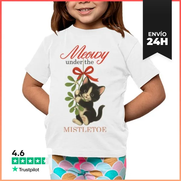Camiseta Clásica Para Niños MEOWY UNDER THE MISTLETOE XMAS CAT
