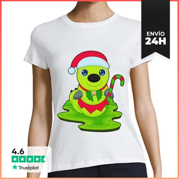 Camiseta Mujer Clásica Oruga Navideña Bastón De Caramelo