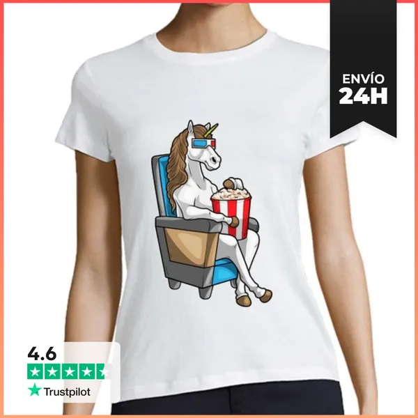 Camiseta Mujer Clásica Palomitas De Maíz De Cine De Unicornio