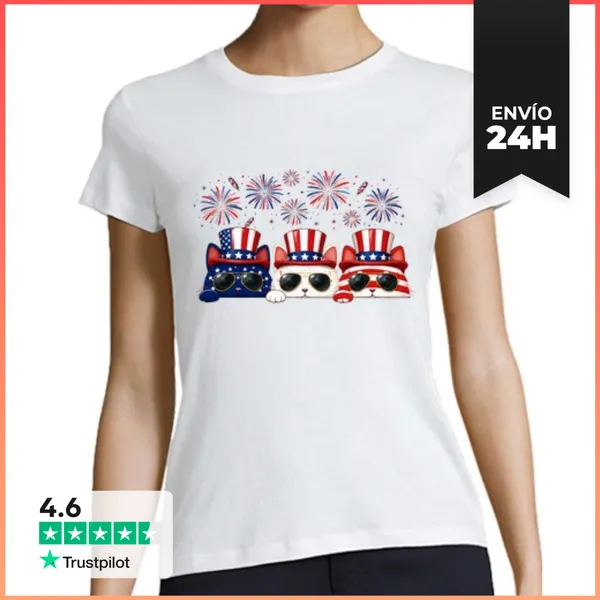 Camiseta Mujer Clásica Gatos Del 4 De Julio Gato Con Sombrero De