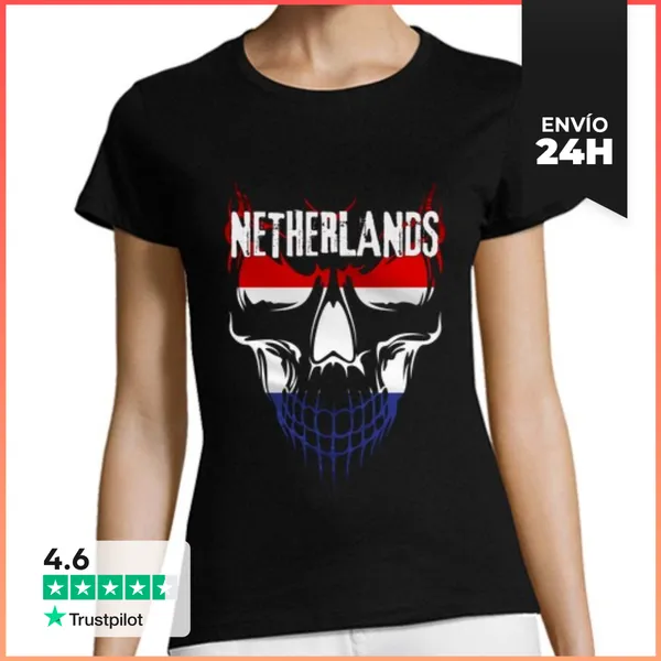 Camiseta Mujer Clásica Calavera Países Bajos, Holanda Grunge