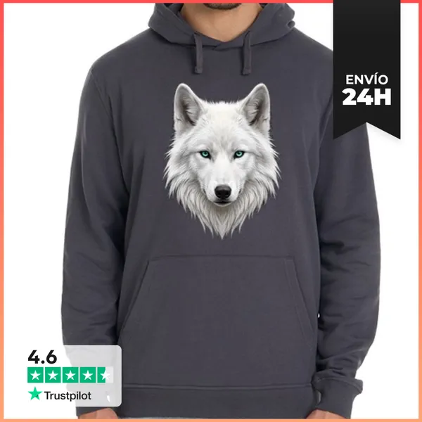 Sudadera Unisex Con Capucha Ilustración De Lobo Blanco Cabeza De