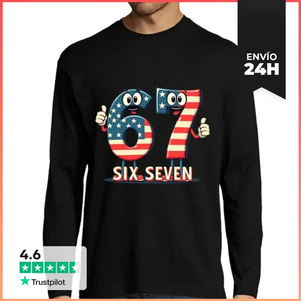 Camiseta Hombre Manga Larga Bandera De EE UU 67 Memes Seis Siete