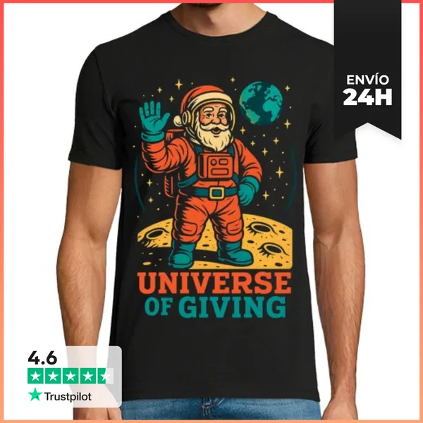 Camiseta Hombre Clásica Papa Noel Astronauta En La Luna