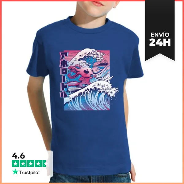 Camiseta Clásica Para Niños Ajolote Surf Vaporwave Japón Ola
