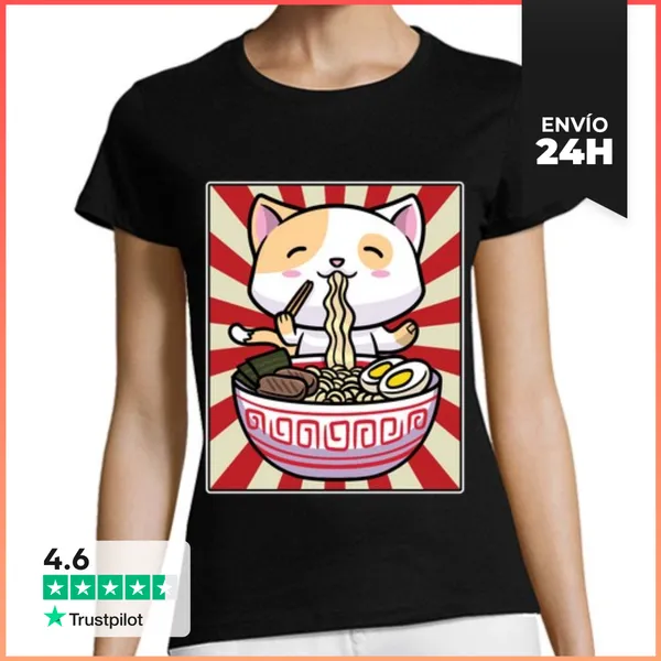 Camiseta Mujer Clásica Lindo Gato Tazón De Ramen Fideos Japone