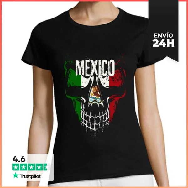 Camiseta Mujer Clásica Calavera México, Bandera México Grunge