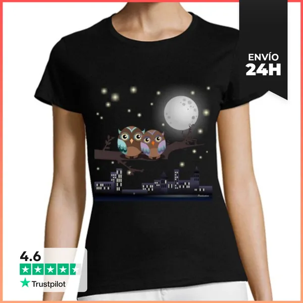 Camiseta Mujer Clásica Búhos Enamorados Kawaii LaTostadora