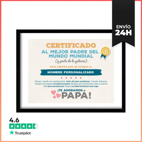 Cuadro Con Marco Horizontal Certificado Al Mejor Padre Del Mundo