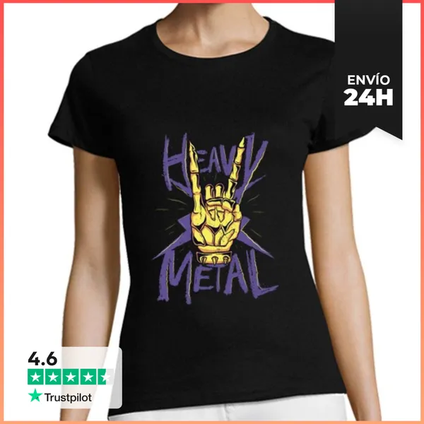 Camiseta Mujer Clásica Heavy Metal Mano Cornuta Esqueleto Mano