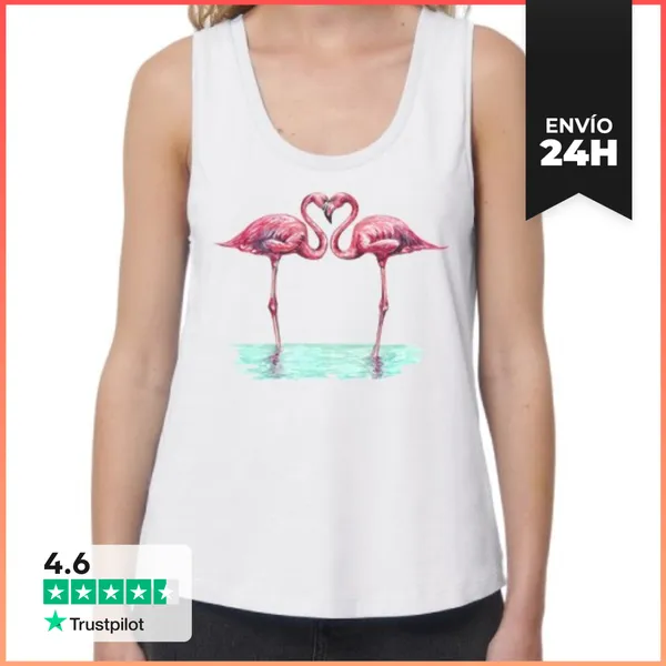 Camiseta Mujer Sin Mangas, Loose Fit Flamencos Rosas Enamorados