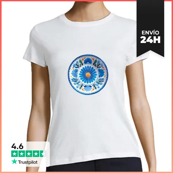 Camiseta Mujer Clásica Plato De Cerámica Azul Con Flores