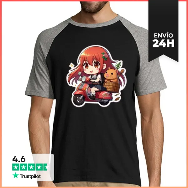 Camiseta Hombre, Estilo Béisbol Chica Biker Anime Capibara