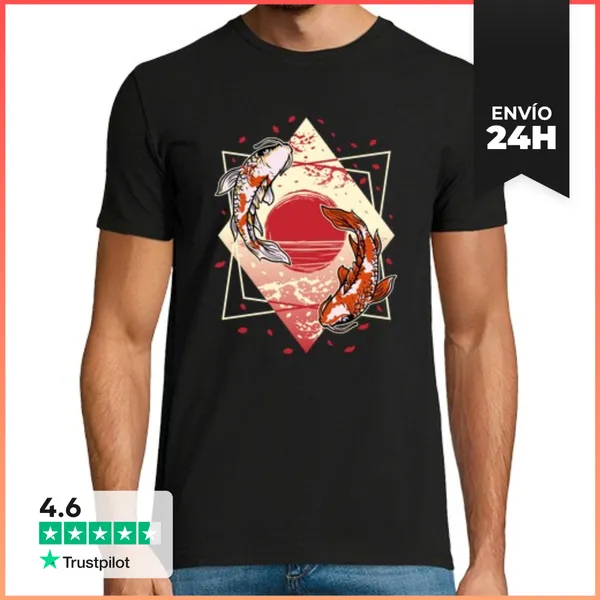 Camiseta Hombre Clásica Flor De Cerezo Japonés Carpa Koi Pez