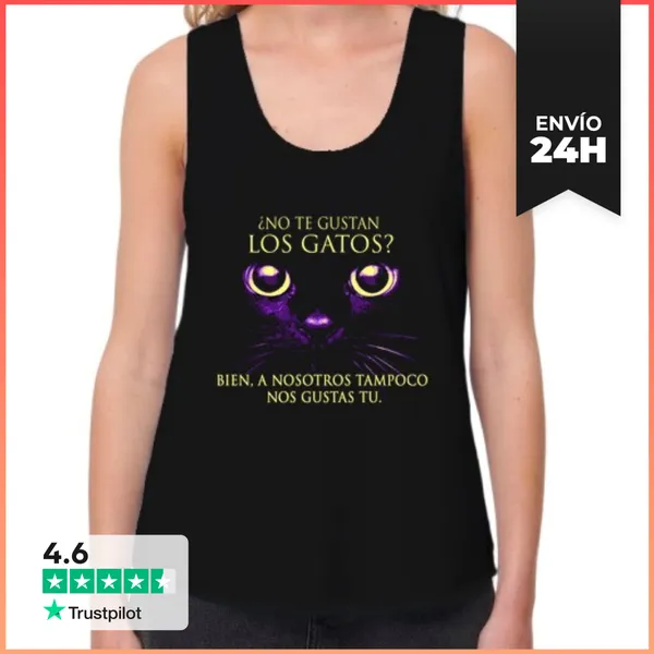 Camiseta Mujer Sin Mangas, Loose Fit Camiseta Gato Negro