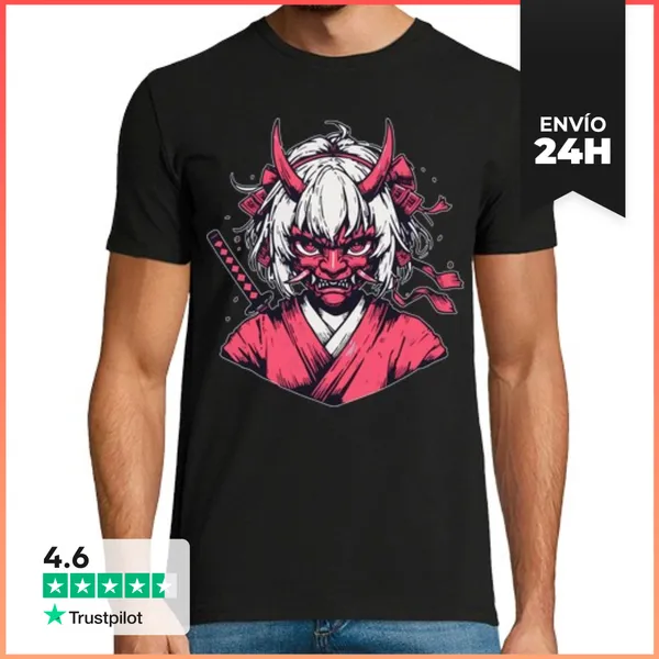 Camiseta Hombre Clásica Chica Samurái De Anime Con Máscara De O