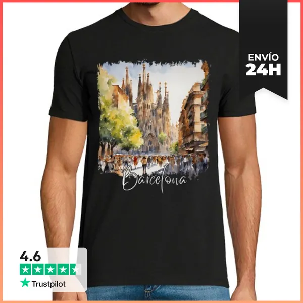 Camiseta Hombre Clásica Acuarela De Barcelona, Barcelona España