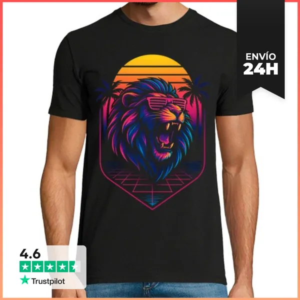 Camiseta Hombre Clásica Leon Synthwave Atardecer Neon Aesthetic