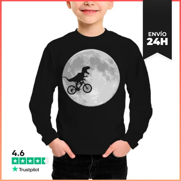 Camiseta Manga Larga Para Niños Bicicleta De Dinosaurios Y Luna