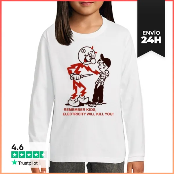 Camiseta Manga Larga Para Niños Recuerda Que La Electricidad Te