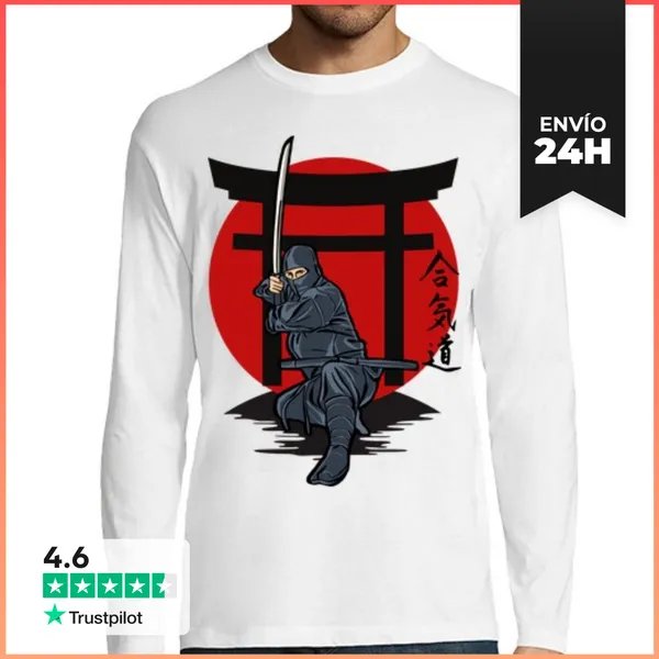 Camiseta Hombre Manga Larga Ninja Bajo La Luna Escarlata