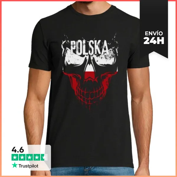 Camiseta Hombre Clásica Calavera Polonia, Bandera Polonia Grunge