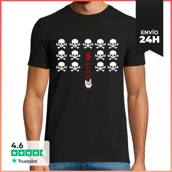 Camiseta Hombre Clásica Calaveras Mano Cuernos Rock Space