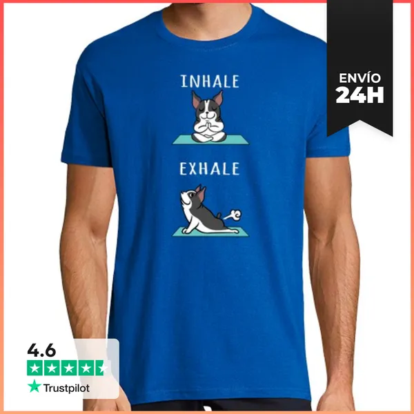 Camiseta Hombre Clásica Perro Boston Terrier Yoga Inhale Exhale