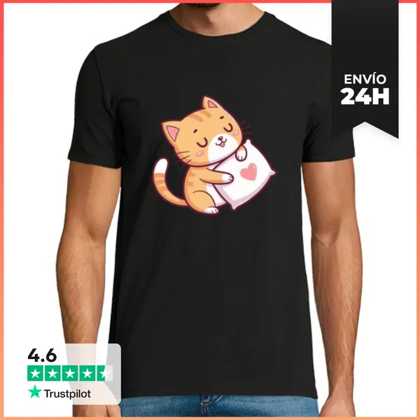 Camiseta Hombre Clásica Gato Abrazado En Almohada Corazón