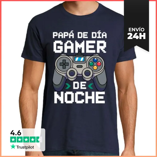 Camiseta Hombre Clásica Papá De Día Gamer De Noche Videojuegos