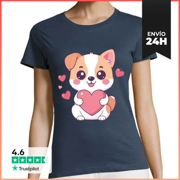 Camiseta Mujer Clásica Perro Kawaii Con Corazón LaTostadora