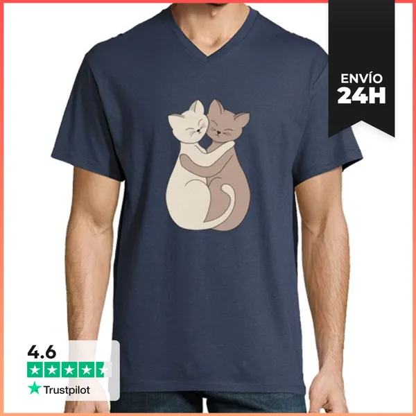 Camiseta Hombre, Cuello Pico Ilustración De Amistad De Gatos