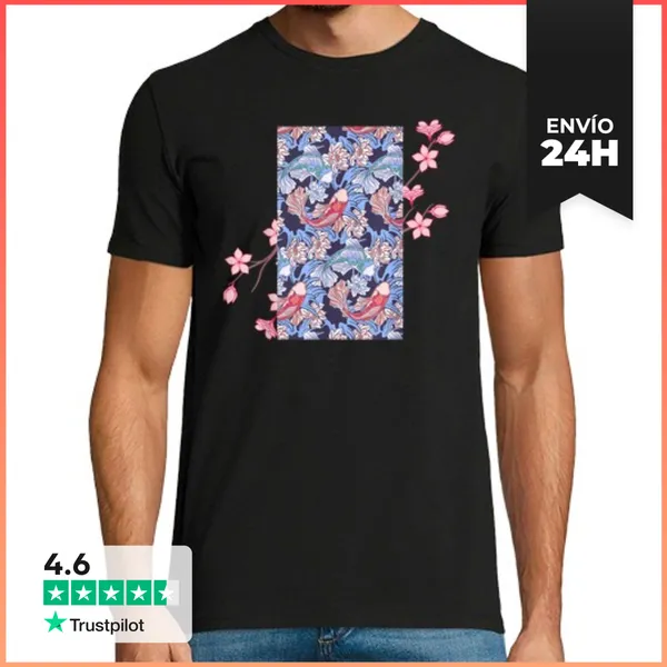 Camiseta Hombre Clásica Flor De Cerezo Pez Koi Japonés Nishikig