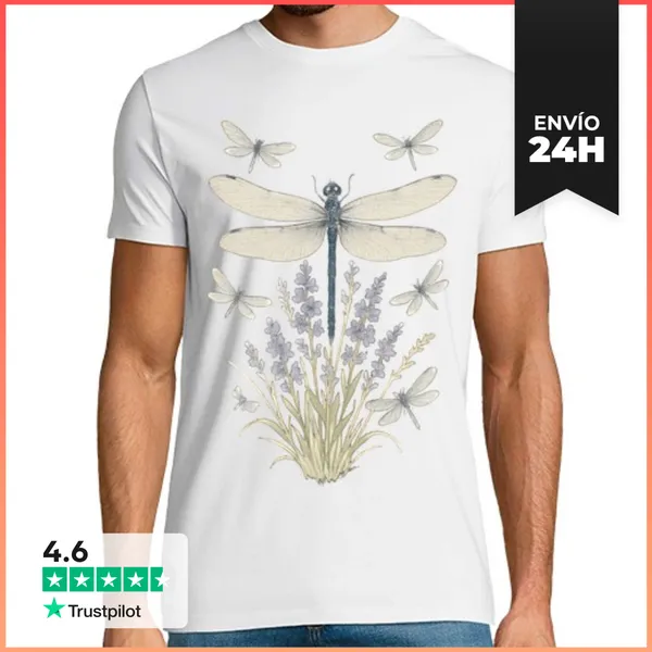 Camiseta Hombre Clásica Libelulas Y Floral Lavanda Vintage