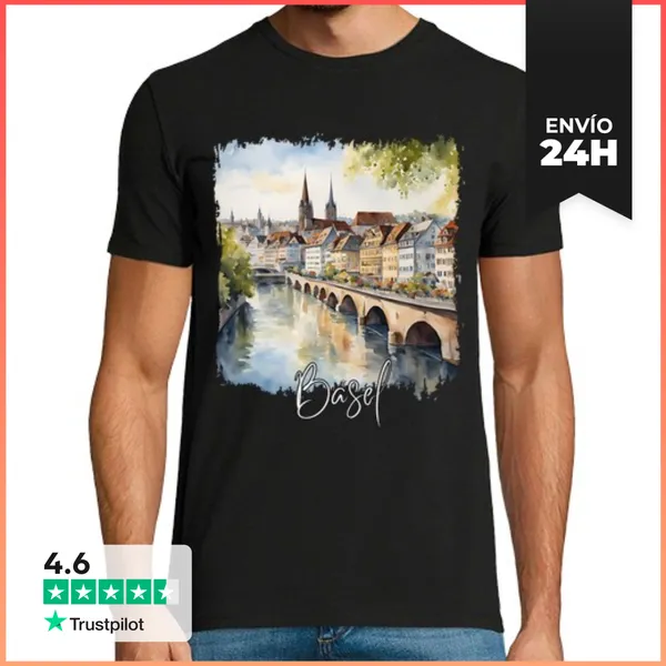 Camiseta Hombre Clásica Acuarela De Basilea, Basilea Suiza