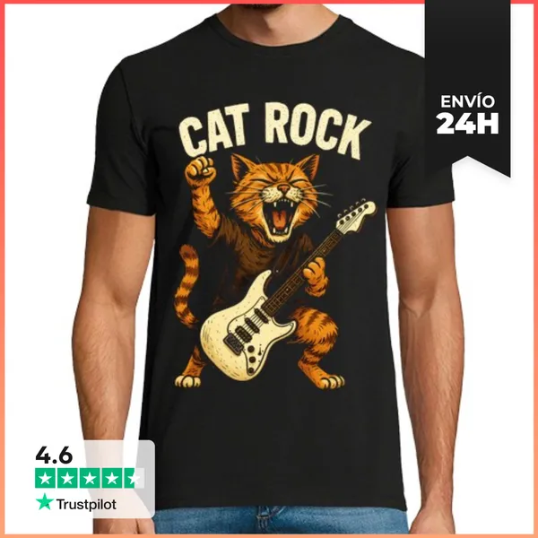 Camiseta Hombre Clásica Cat Rock Guitarra Música Heavy Metal