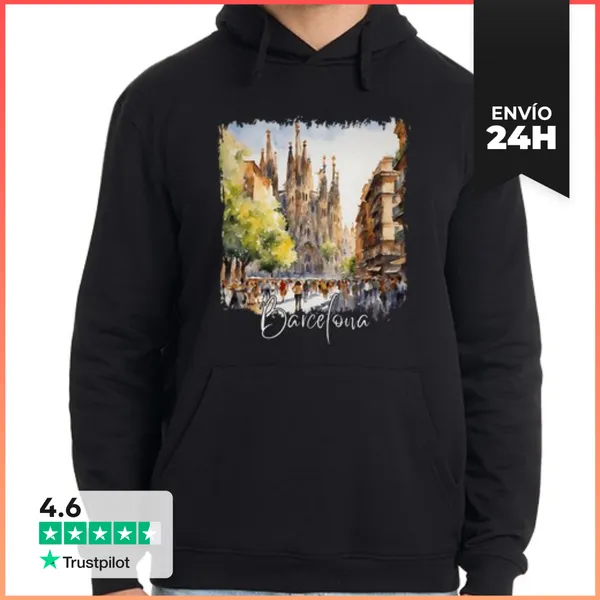 Sudadera Unisex Con Capucha Acuarela De Barcelona, Barcelona