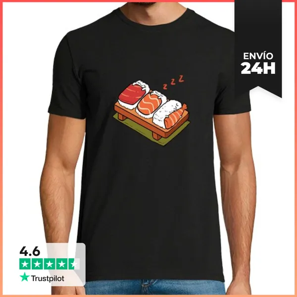 Camiseta Hombre Clásica Dormir Sushi Anime Ramen Chef Japón Manga