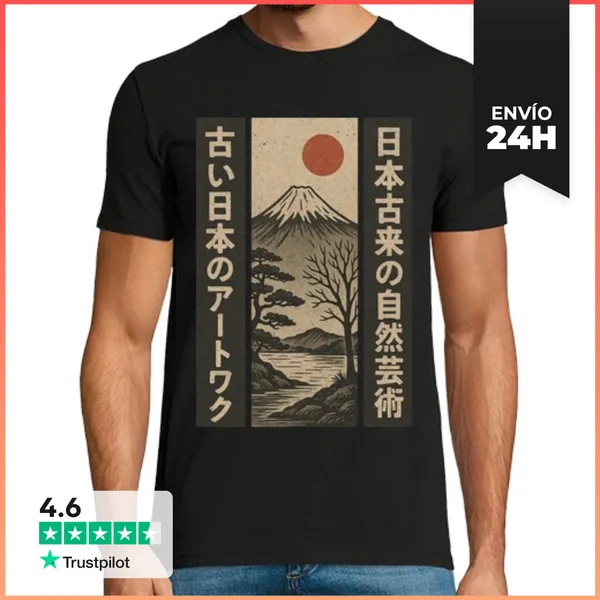 Camiseta Hombre Clásica Monte Fuji Sol Naciente Arte Japonés