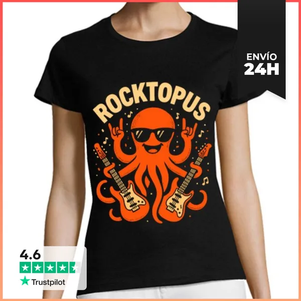 Camiseta Mujer Clásica Rocktopus Pulpo Rock Guitarras Musica