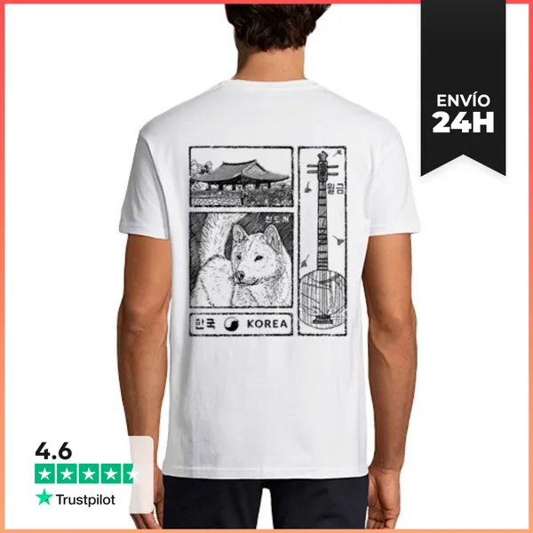 Camiseta Hombre Clásica Corea Del Sur. Perro De Jindo Negro.