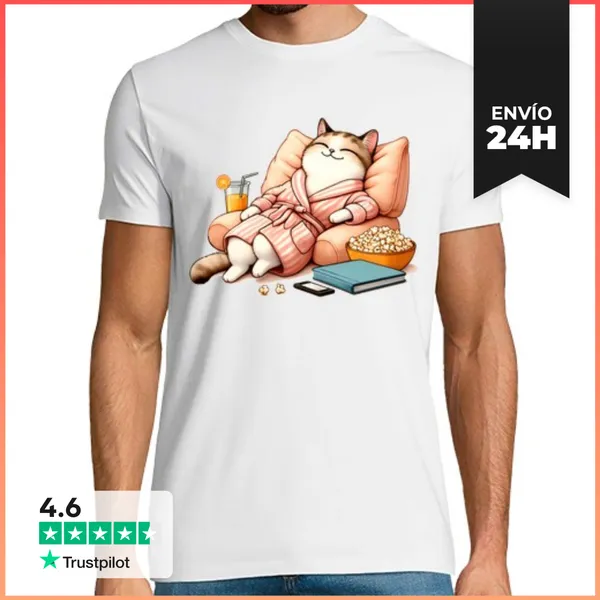 Camiseta Hombre Clásica Gato Descansando En Su Sillón Retro De
