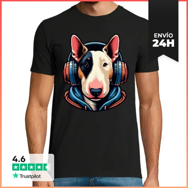 Camiseta Hombre Clásica Genial Bull Terrier Con Auriculares