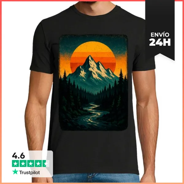 Camiseta Hombre Clásica Montanas Nevadas Puesta Sol Naturaleza