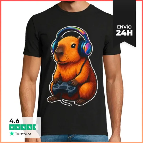 Camiseta Hombre Clásica Capibara Gamer Gaming Videojuegos