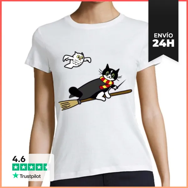 Camiseta Mujer Clásica Gato Griffindor Magia LaTostadora
