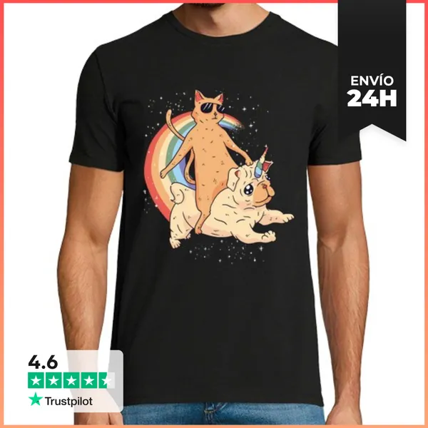 Camiseta Hombre Clásica Gato Genial Montando Unicornio Pug En E