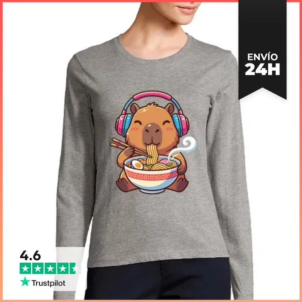 Camiseta Mujer Manga Larga Kawaii Capibara Ramen Música